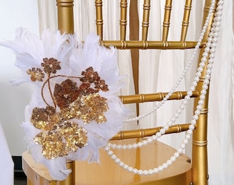Unique Chiavari Chair decoration/ Quinceanera/ Wedding decoration/ Gatsby/ pearl/ feather/gold sequins appliqué/chair cover/luxury/unique