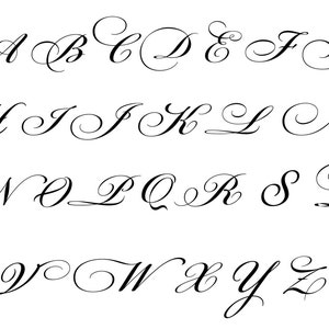 May include: A cursive alphabet in black ink on a white background. The letters are stylized with flourishes and loops.