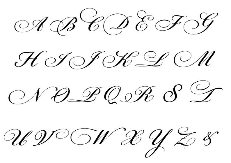May include: A cursive alphabet in black ink on a white background. The letters are stylized with flourishes and loops.
