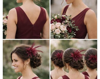 Elegant Burgundy Feather/Tulle Hair Piece/Bridesmaids Flower/Weddings/Bridal Hair/Feather Flower/Quinceneara/Anniversary/Holiday Gifts