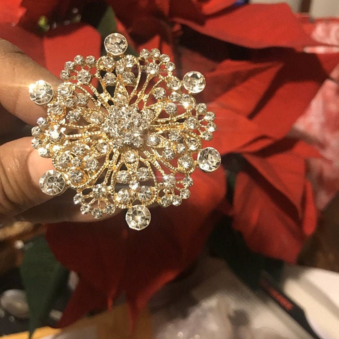 Set of 2 Gold Rhinestone Napkin Rings and Two Gold Shantung Luxury