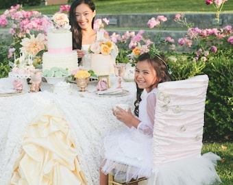 Lovely Pink Bridal Satin with Gold Lace Flowers and Ivory Tulle Chiavari Chair Cover for wedding or special party