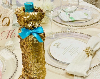 Gold Sequin Wine Bottle Cover with Satin Bow | Champagne Bottle Sleeve | Wedding  | Quinceañera | Birthday Party | Luxury Bottle Decoration