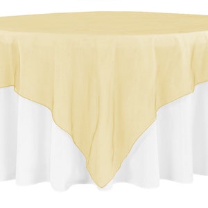May include: A sheer, light gold table overlay, perfect for adding a touch of elegance to any event. The overlay is draped over a white tablecloth, creating a beautiful contrast.