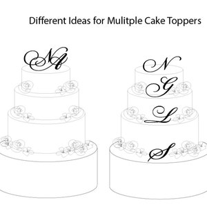 May include: Four different cake topper ideas featuring the letters N, S, G, and L in a cursive font. The letters are placed on top of four different tiered cakes.