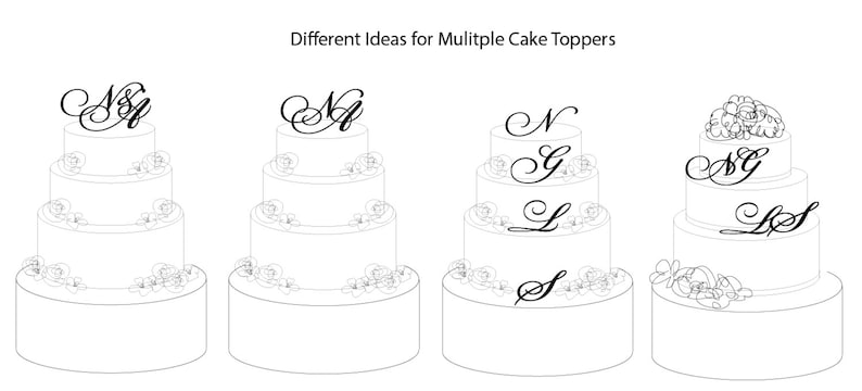 May include: Four different cake topper ideas featuring the letters N, S, G, and L in a cursive font. The letters are placed on top of four different tiered cakes.