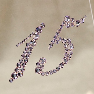 May include: The number 15 is spelled out using small, light purple rhinestones.