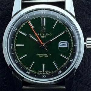 Vintage Breitling 1884 Chronometer Top Time Automatic Green Dial, Stainless Steel Case & Bracelet, Date Working Transparent Back Men's Watch
