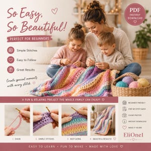Peut inclure: Un guide de modèle de crochet en PDF numérique présentant une couverture aux couleurs de l'arc-en-ciel. Le document inclut du texte comme So Easy, So Beautiful!, Perfect for Beginners et EliOne1. Il montre des instructions étape par étape.