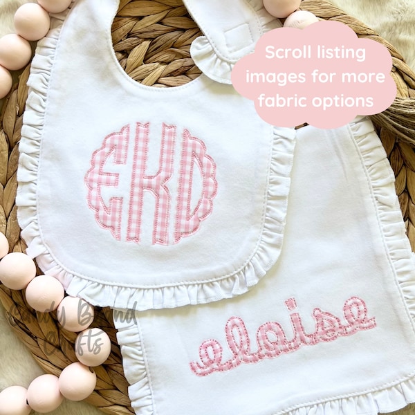 Monogram Ruffle Bib and Burp Cloth Set, Embroidered Baby Shower Gift for Girl, Custom Pink Gift Set for Baby Girl, Personalized Baby Gift