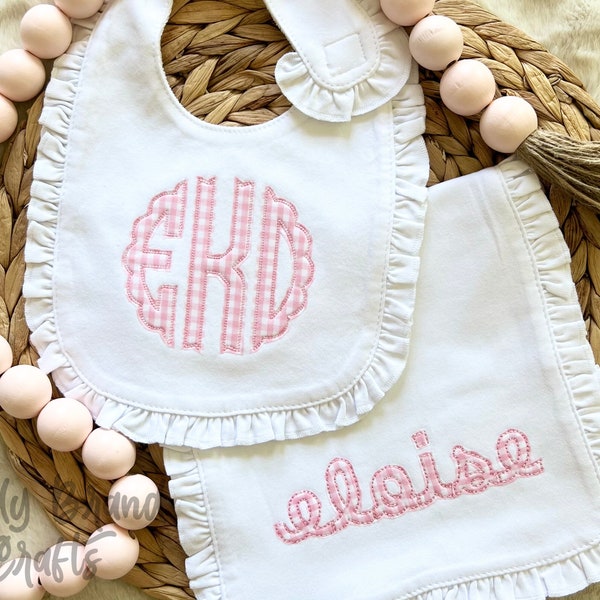 Baby Girl Bib & Burp Set - Pink Embroidered Dots main image 0