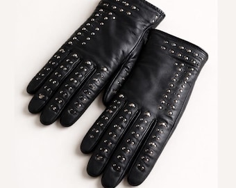 Studded Leather Gloves for Women, Black Genuine Leather Fashion Gloves, Designer Inspired Winter Accessory, Luxury Gift for Her