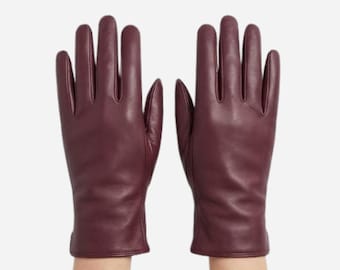Burgundy Lambskin Leather Gloves, Luxury Winter Fashion Accessory, Quiet Style