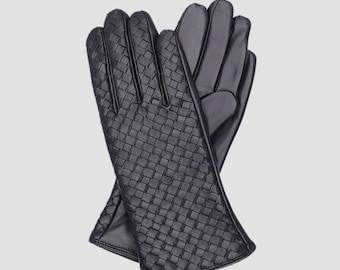 Woven Leather Gloves, Black, Quiet Luxury Winter Accessory, Old Money Style