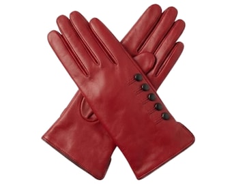 Red Leather Gloves, Vintage Inspired Button Detail, Quiet Luxury Winter Accessory