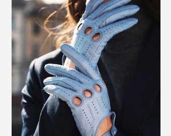 Powder Blue Lambskin Leather Driving Gloves, Perforated Motoring Style Accessory