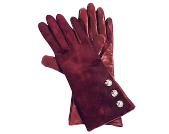 Burgundy Suede Leather Gloves, Vintage Button Detail, Quiet Luxury Winter Accessory