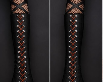 Black Gothic Arm Sleevess Leather Gloves, Long Corset Lace Gloves, Fishnet Arm Warmers, Alternative Cosplay Halloween Costume Accessories