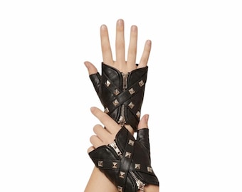 Studded Zipper Fingerless Gloves | Gothic Punk Biker Leatherwear Accessory