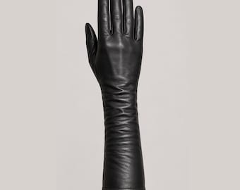 Zwarte leren operahandschoenen, elegante armomslag over de hele lengte, formele avondkleding