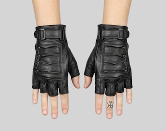 Fingerless Leather Gloves | Black Biker Punk Gloves | Gothic Motorcycle Style Handwear | Alternative Fashion Gift