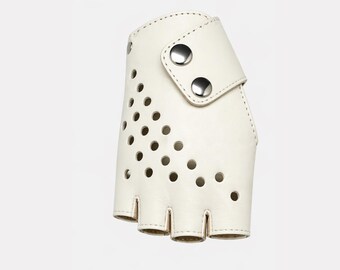 Women's Ivory Lambskin Leather Driving Gloves | Fingerless Perforated Artisan Accessory