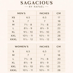 May include: A chart from Sagacious by Rafael, displaying glove sizes for men and women in inches and centimeters. The chart includes sizes XS to XXXL, with corresponding measurements. Instructions on how to measure your hand are also provided.