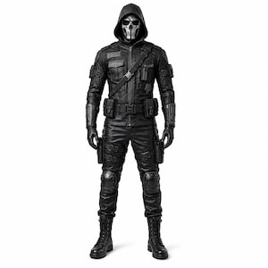 May include: A full-body tactical outfit in black, featuring a hooded jacket with multiple pockets, a utility belt with pouches, matching trousers with knee pads, and combat boots. A skull-patterned mask covers the face, completing the ensemble.