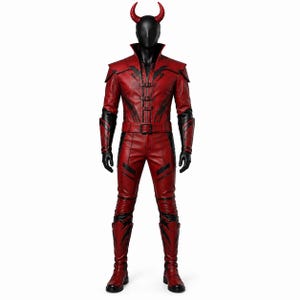 Puede incluir: Un conjunto de disfraz rojo y negro que incluye una chaqueta con correas de hebilla, pantalones a juego y guanteletes. El conjunto incluye un tocado negro con dos cuernos rojos prominentes, todo exhibido en un maniquí para mostrar el diseño.