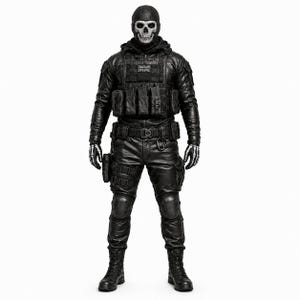 May include: A full-body action figure wearing a black tactical uniform, a skull-patterned face mask, and a hood. The figure features a chest rig with multiple pouches, a belt with a carabiner, knee pads, and gloves with a white skeletal hand print.