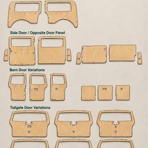 May include: A collection of flat, light-coloured wooden panels for vehicle interior conversions, labelled as Creative Campers CAD File. The set includes SWB and LWB side panels, side door panels, barn door variations, and tailgate door variations with cutouts.
