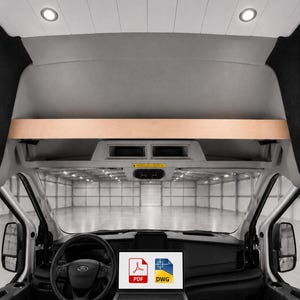 Può includere: Vista interna di un furgone bianco con un laptop che mostra le icone PDF e DWG. Sono visibili il cruscotto, il volante e lo spazio di archiviazione sopra la testa. L'interno del furgone ha un design pulito e moderno incentrato sulla funzionalità.