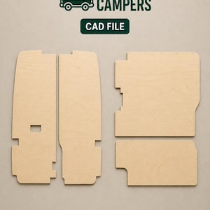 Könnte beinhalten: Ein Set aus vier hellen Holzplatten mit Ausschnitten und vorgebohrten Löchern, angeordnet auf einer flachen Oberfläche. Über den Platten steht der Text CREATIVE CAMPERS und CAD FILE, begleitet von einem dunkelgrünen Symbol eines Campingbusses.