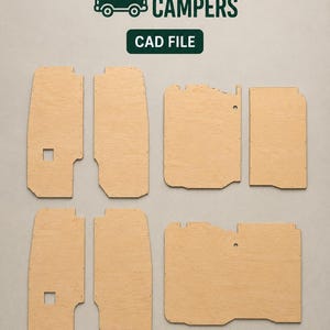 May include: A set of six light brown wooden panels with various cutouts and shapes for camper van interior construction. The image features the dark green text CREATIVE CAMPERS and the label CAD FILE above the wooden components.