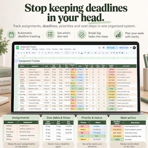 Puede incluir: Una hoja de cálculo digital de seguimiento de tareas en la pantalla de una computadora portátil. La interfaz muestra columnas para curso, tarea, tipo, fechas, prioridad, estado, progreso y acciones. El texto dice: 'Stop keeping deadlines in your head.'