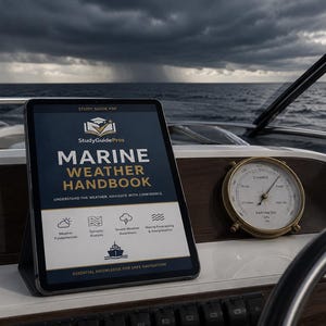 May include: A tablet displaying a Marine Weather Handbook study guide with a dark blue cover, white text, and weather icons. Next to the tablet is a round brass barometer with a white face and black needle, set on a boat dashboard.