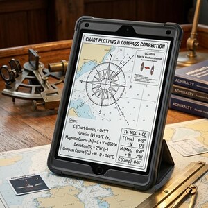 May include: A tablet in a black protective case displaying a chart plotting and compass correction diagram. The screen shows navigation calculations including magnetic course and deviation. The tablet rests on a nautical chart with a metal divider.