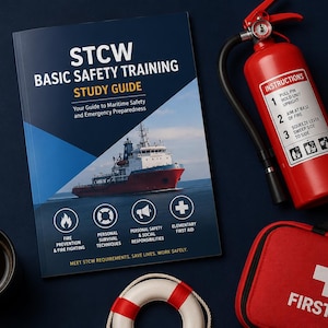 May include: A STCW Basic Safety Training study guide book featuring a ship image, a red fire extinguisher with instructions, a red first aid kit with a white cross, a white and red life ring, and a black coffee mug on a dark blue background.