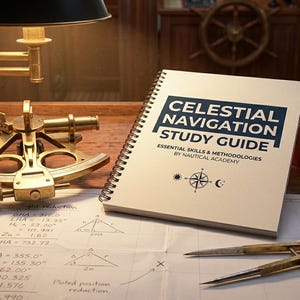 May include: A spiral-bound study guide titled Celestial Navigation Study Guide Essential Skills & Methodologies by Nautical Academy, a brass sextant, a red Nautical Almanac book, and a metal drafting compass on a sheet of navigation calculations.