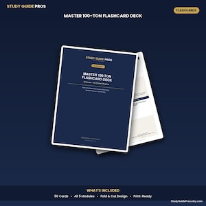 May include: A deck of flashcards titled Master 100-Ton Flashcard Deck by Study Guide Pros. The dark blue cover features white text listing 50 cards and 5 exam modules including Rules of the Road, Deck General, Deck Safety, Navigation, and Chart Plotting.