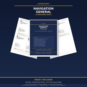 May include: A Captain Matt Navigation General flashcard deck in a dark blue and white color scheme. The central card displays the title, 50 cards, and USCG exam prep details. Two additional cards are fanned out behind it, showing study questions.
