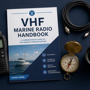 Peut inclure: Un manuel d'étude VHF Marine Radio Handbook avec une couverture blanche illustrée d'un bateau, une radio portable noire Icom affichant le canal 16, un câble d'antenne noir enroulé avec connecteurs, une boussole en laiton et une tasse noire.