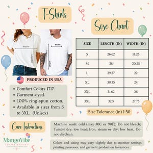 May include: A white t-shirt size chart featuring two people wearing white t-shirts with length and width measurement lines. The chart lists sizes S through 3XL with corresponding measurements in inches. Includes care instructions and product details.