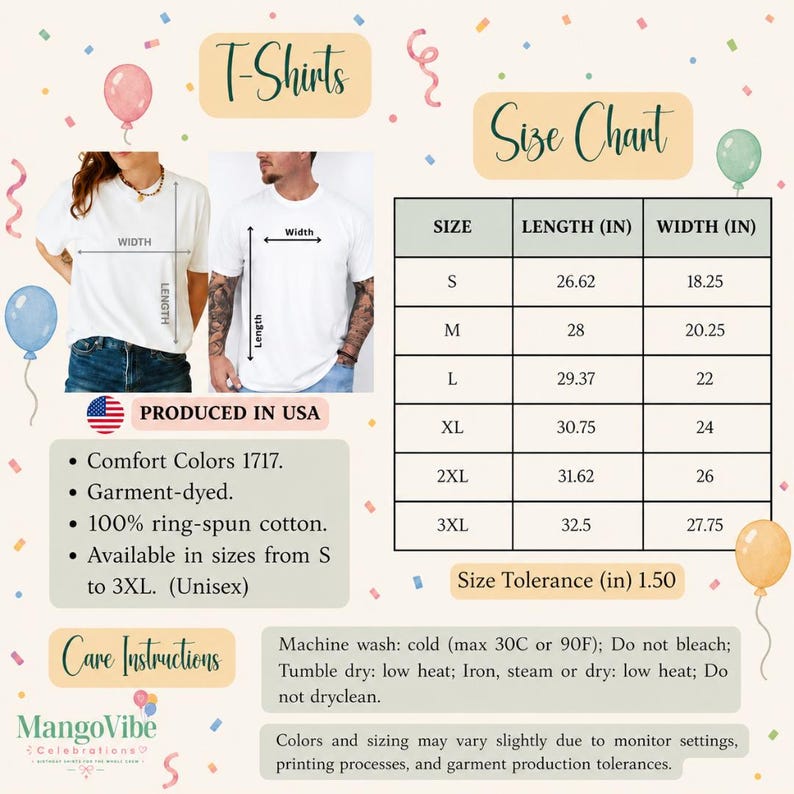 May include: A white t-shirt size chart featuring two people wearing white t-shirts with length and width measurement lines. The chart lists sizes S through 3XL with corresponding measurements in inches. Includes care instructions and product details.