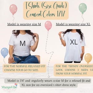 May include: A size guide for Comfort Colors 1717 t-shirts featuring two white shirts. One shows a size M for a relaxed fit, the other a size XL for an oversized look. Text includes T-Shirts (Size Guide), Comfort Colors 1717, and sizing advice.