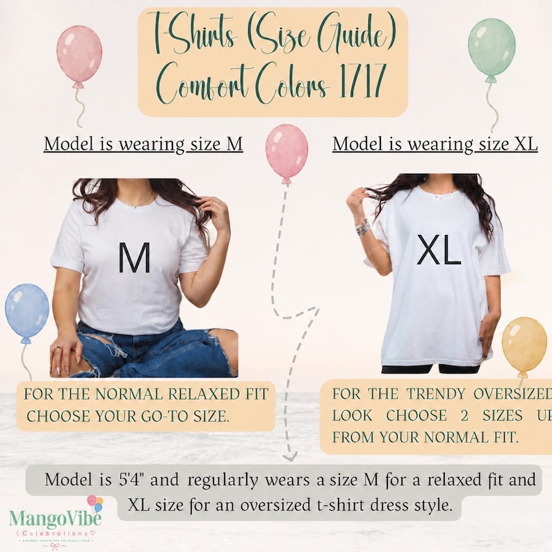 May include: A size guide for Comfort Colors 1717 t-shirts featuring two white shirts. One shows a size M for a relaxed fit, the other a size XL for an oversized look. Text includes T-Shirts (Size Guide), Comfort Colors 1717, and sizing advice.