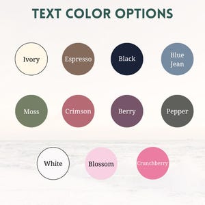 May include: A color chart titled TEXT COLOR OPTIONS featuring eleven circular swatches labeled Ivory, Espresso, Black, Blue Jean, Moss, Crimson, Berry, Pepper, White, Blossom, and Crunchberry, arranged in three rows against a light background.