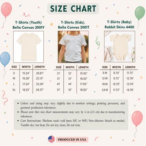 May include: A size chart for Bella Canvas 3001Y youth t-shirts, Bella Canvas 3001T kids t-shirts, and Rabbit Skins 4400 baby bodysuits. The chart displays width and length measurements in inches for various sizes, along with care instructions and notes.