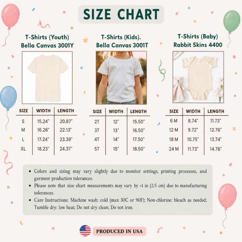 May include: A size chart for Bella Canvas 3001Y youth t-shirts, Bella Canvas 3001T kids t-shirts, and Rabbit Skins 4400 baby bodysuits. The chart displays width and length measurements in inches for various sizes, along with care instructions and notes.