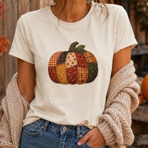 Faux Patchwork Pumpkin Shirt, Fall Graphic Tee, Autumn Thanksgiving Tee